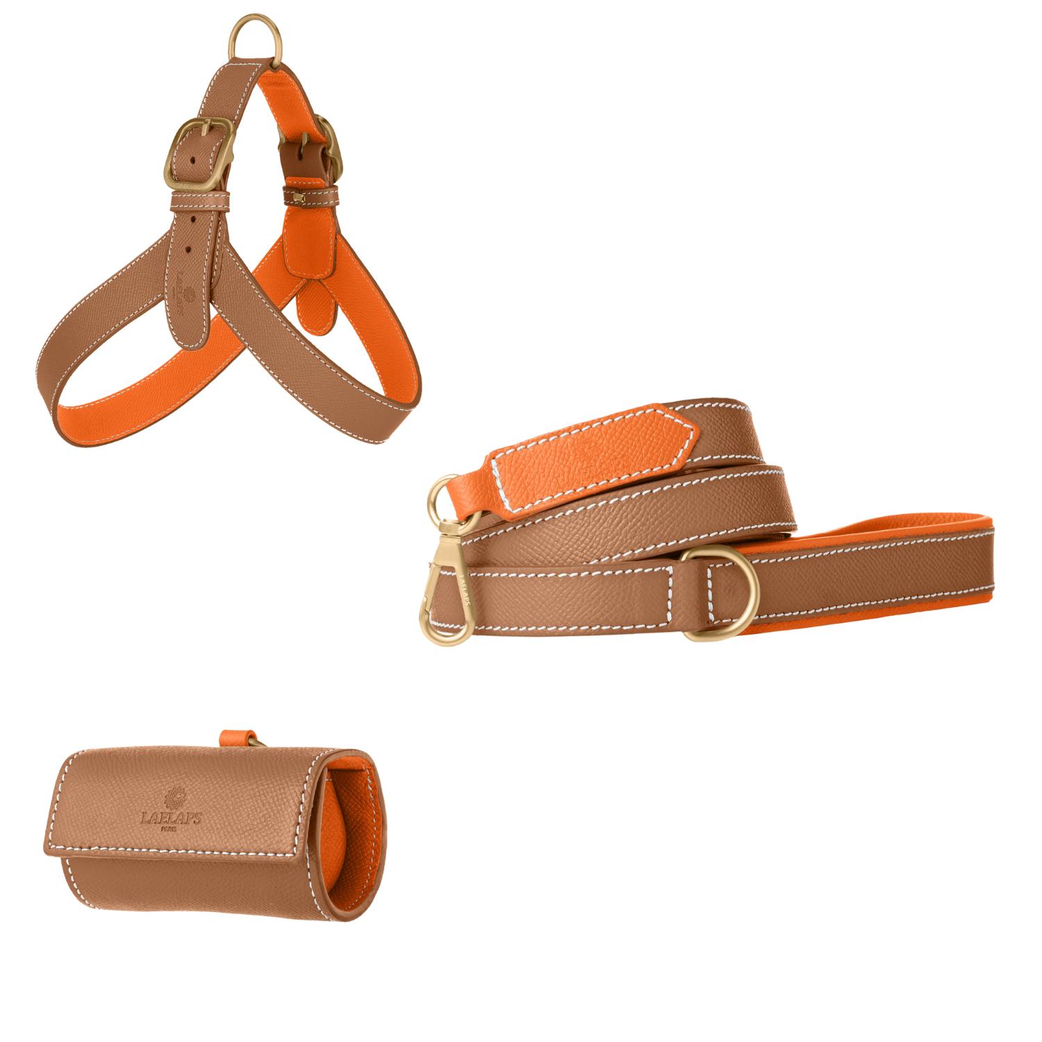 Leren set in camel met tuigje, riem en zakjeshouder, oranje voering en matte goudkleurige hardware van Laelaps Paris