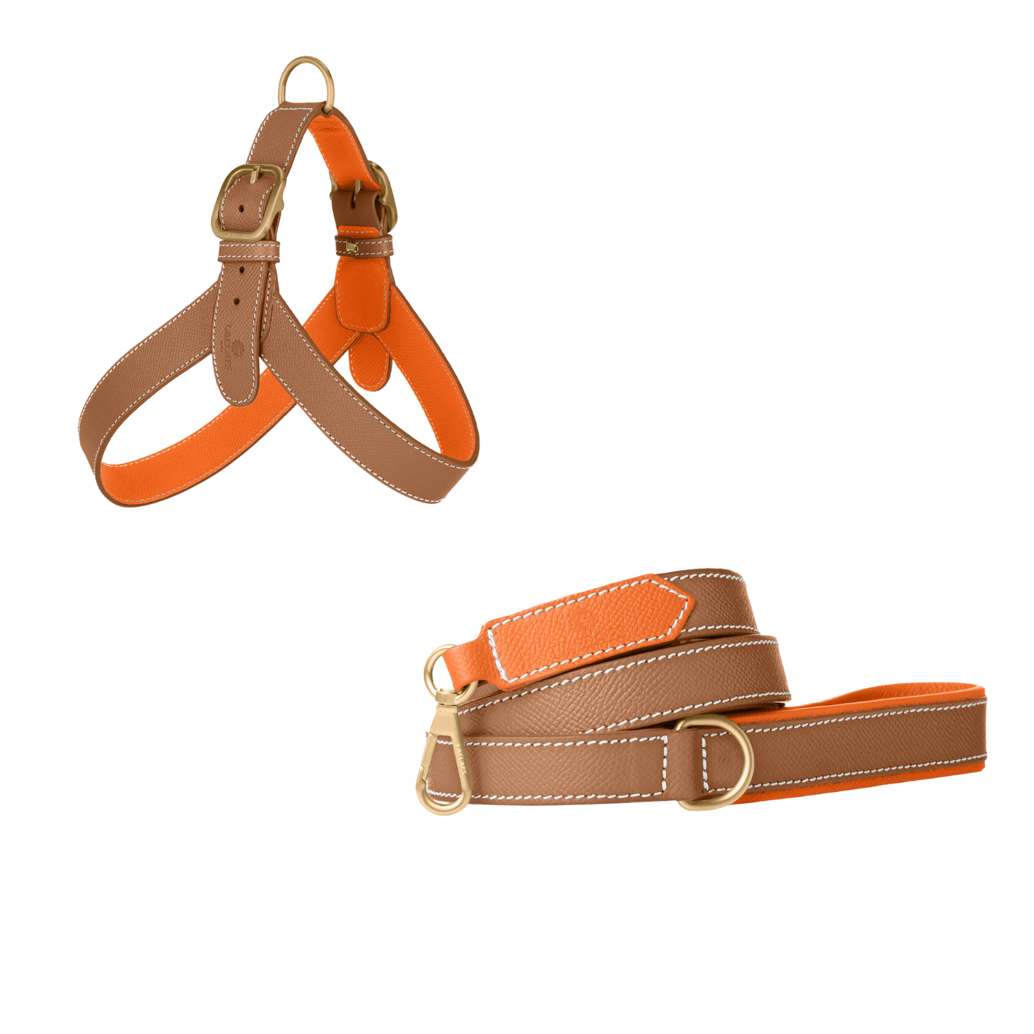 Camel embossed calf leather dog harness and matching leash with poppy orange lining, white stitching and matte gold buckles by Laelaps Paris