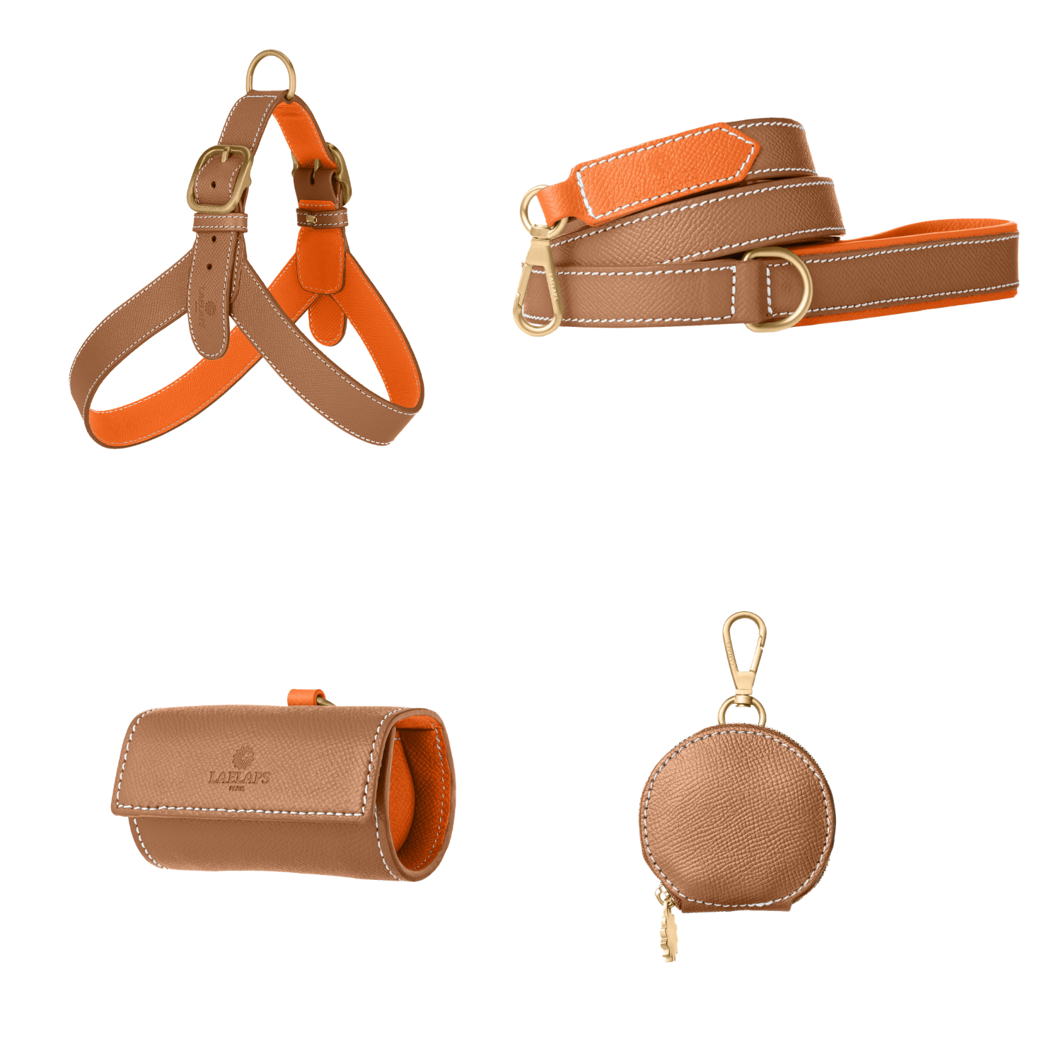 Complete camel leather dog walking set by Laelaps Paris: harness, leash, poop bag holder and round zip treat pouch with matte gold clasp