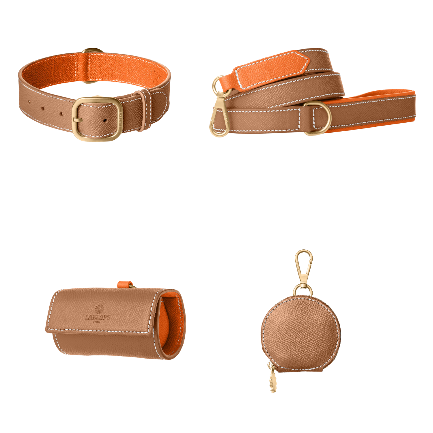 Complete leren wandelset in camel van Laelaps Paris: halsband, riem, zakjeshouder en rond snoepzakje met rits, met goudkleurige sluiting