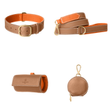Complete leren wandelset in camel van Laelaps Paris: halsband, riem, zakjeshouder en rond snoepzakje met rits, met goudkleurige sluiting