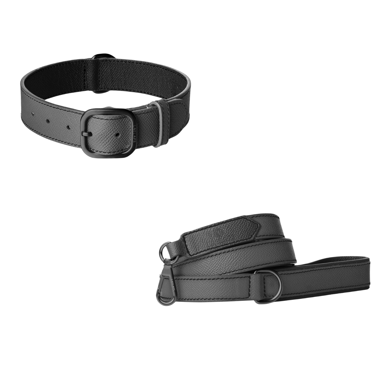 Graphite leather dog collar and matching leash with black lining, tonal stitching and matte black buckle by Laelaps Paris