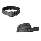 Graphite leather dog collar and matching leash with black lining, tonal stitching and matte black buckle by Laelaps Paris