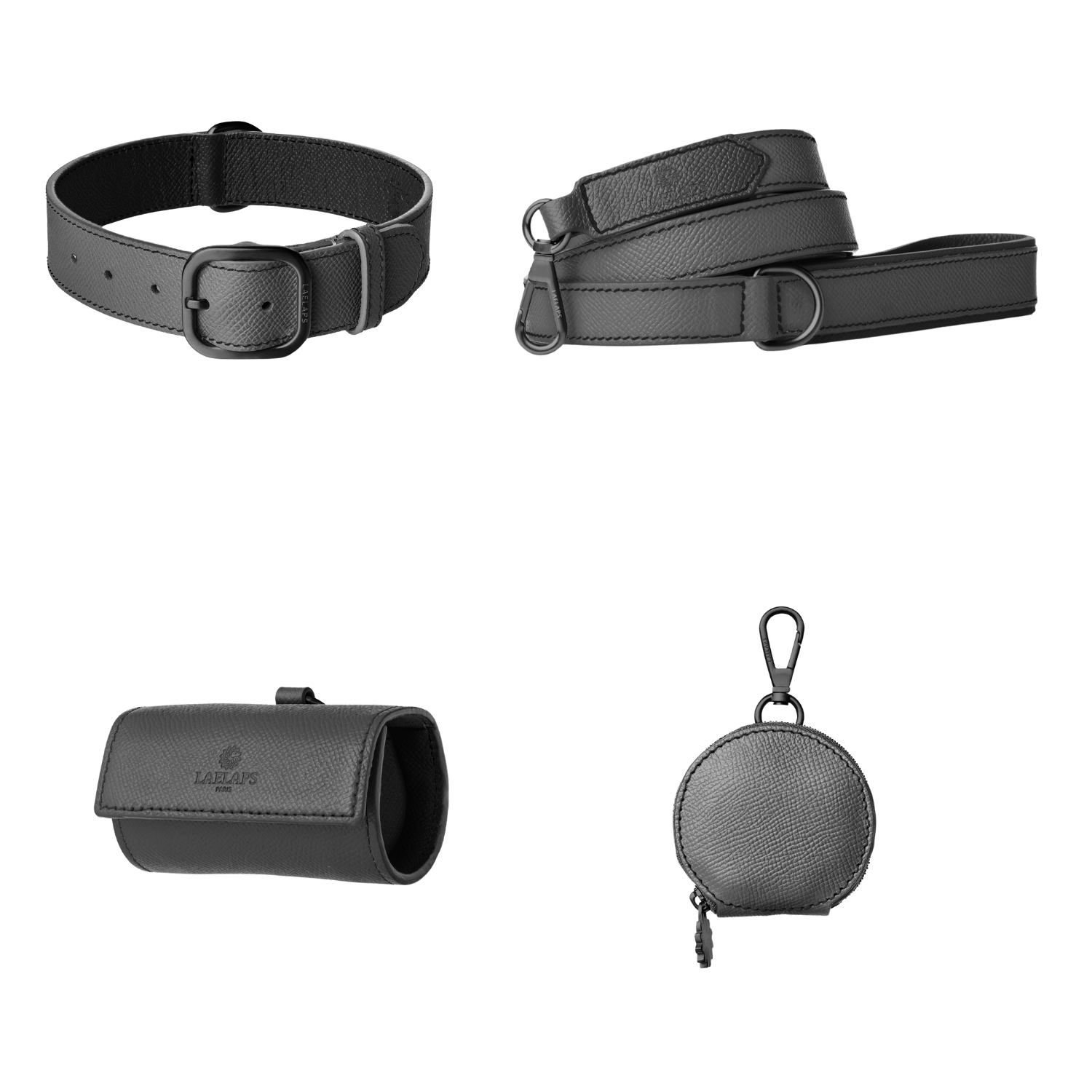 Complete graphite leather dog walking set by Laelaps Paris: collar, leash, poop bag holder and round zip treat pouch with matte black clasp