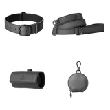 Complete graphite leather dog walking set by Laelaps Paris: collar, leash, poop bag holder and round zip treat pouch with matte black clasp