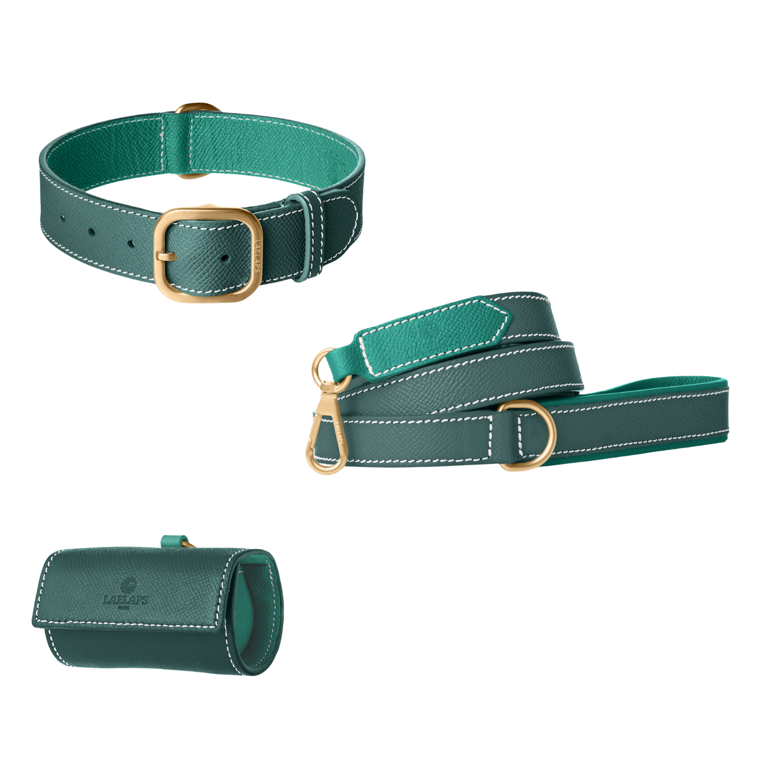 Green leather dog collar, leash and poop bag holder set with emerald lining and gold hardware from Laelaps Paris