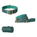 Green leather dog collar, leash and poop bag holder set with emerald lining and gold hardware from Laelaps Paris