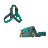 Green embossed calf leather dog harness and matching leash with emerald lining, white stitching and matte gold buckles by Laelaps Paris