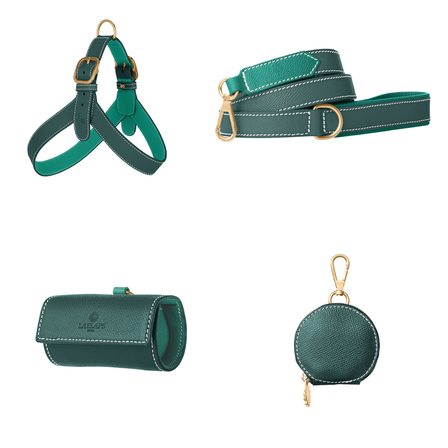 Complete green leather dog walking set by Laelaps Paris: harness, leash, poop bag holder and round zip treat pouch with matte gold clasp