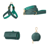 Complete green leather dog walking set by Laelaps Paris: harness, leash, poop bag holder and round zip treat pouch with matte gold clasp