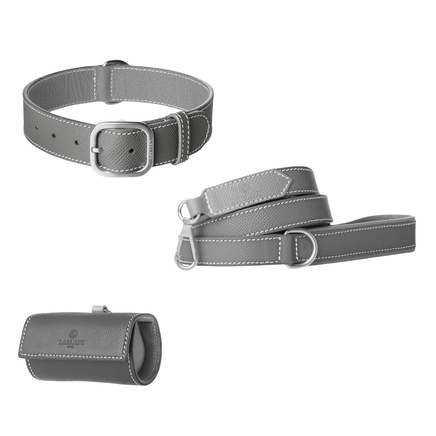 Grijze leren halsband, riem en zakjeshouder met wit stiksel en zilverkleurige hardware van Laelaps Paris