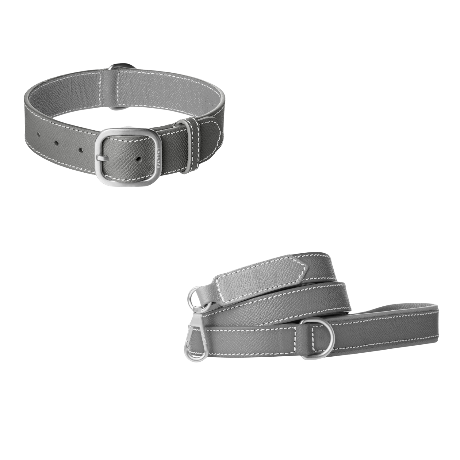 Grijze leren halsband met bijpassende riem, wit contraststiksel en geborstelde zilverkleurige gesp van Laelaps Paris