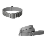Grijze leren halsband met bijpassende riem, wit contraststiksel en geborstelde zilverkleurige gesp van Laelaps Paris