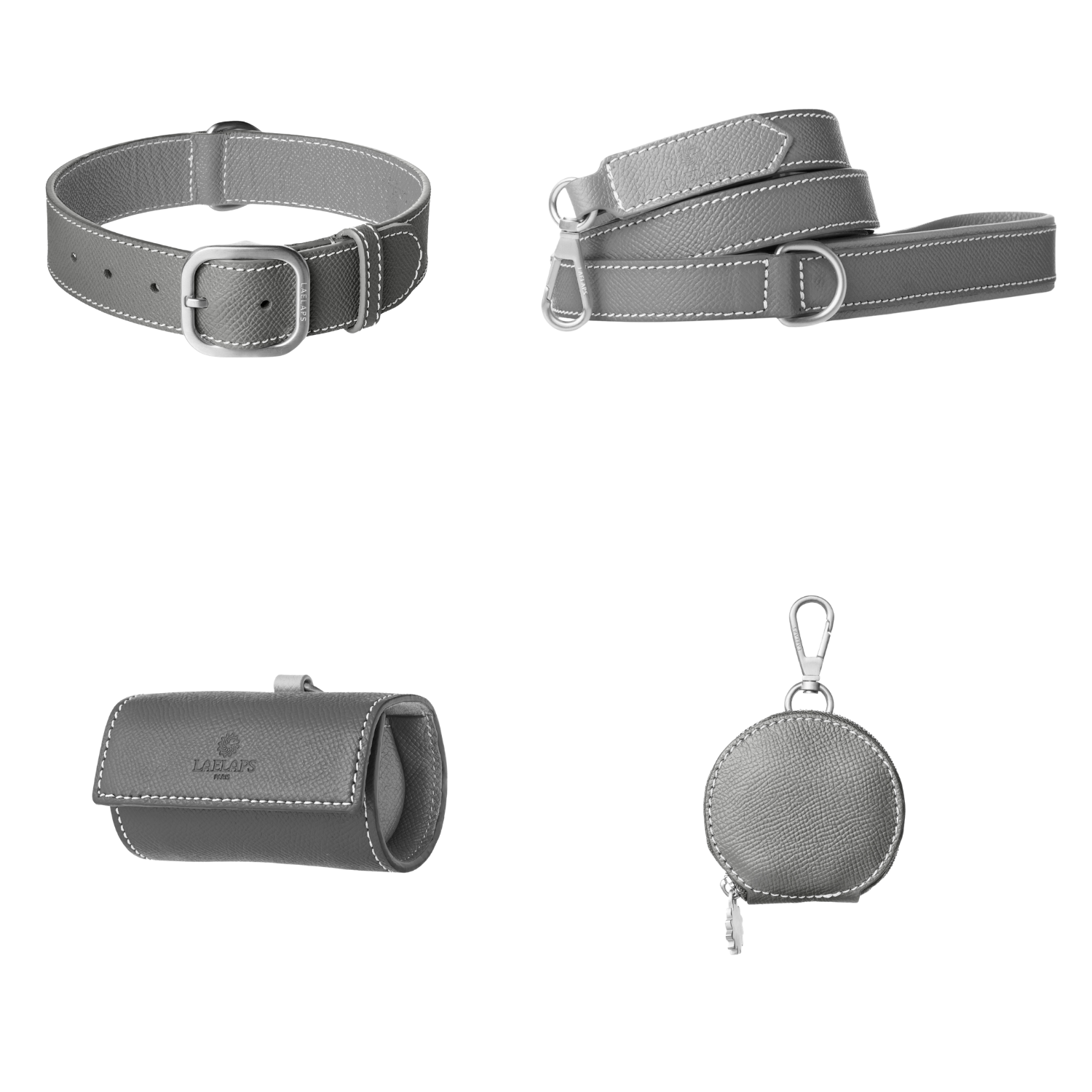 Complete grey leather dog walking set by Laelaps Paris: collar, leash, poop bag holder and round zip treat pouch with silver clasp