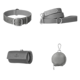 Complete grey leather dog walking set by Laelaps Paris: collar, leash, poop bag holder and round zip treat pouch with silver clasp