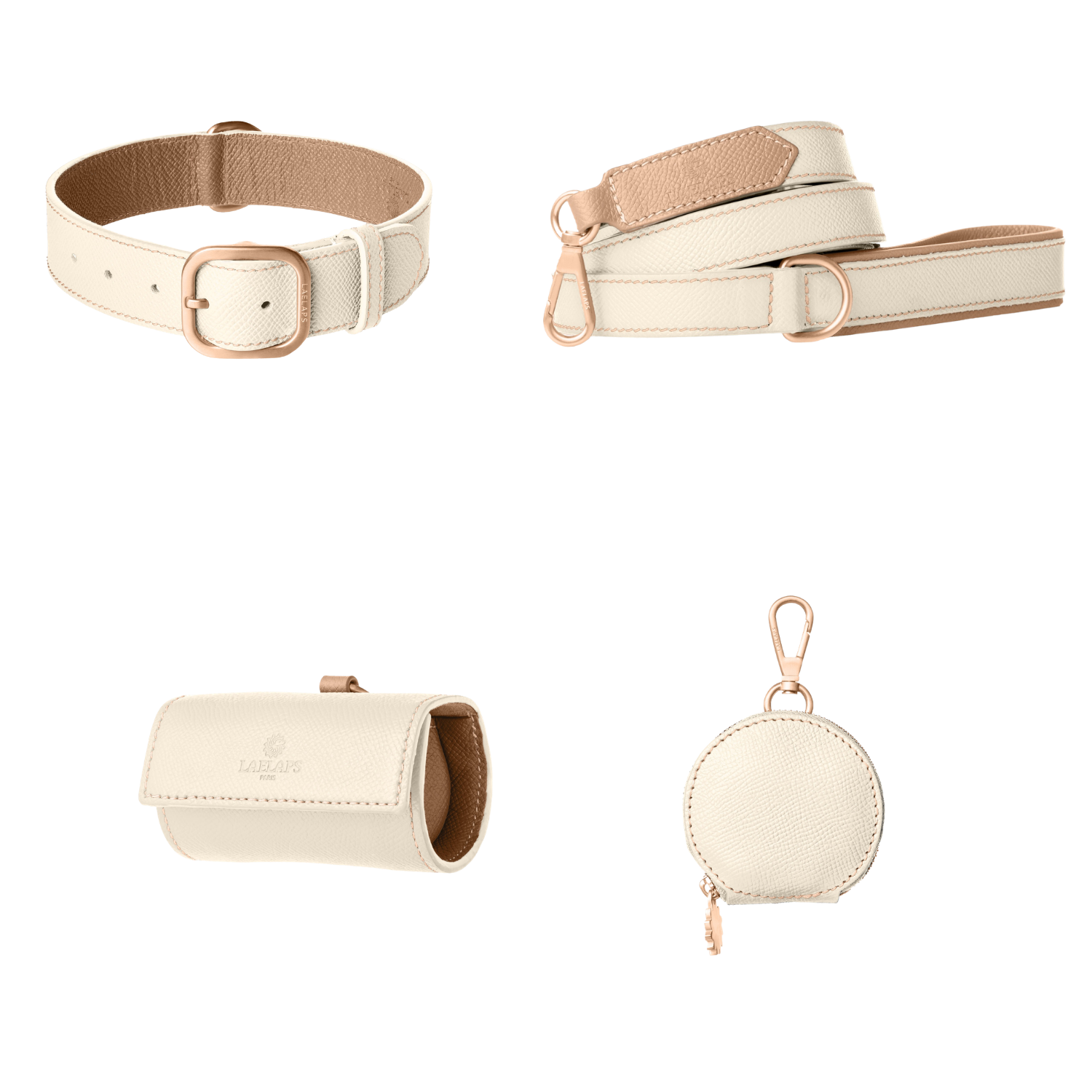 Complete off-white leather dog walking set by Laelaps Paris: collar, leash, poop bag holder and round zip treat pouch with rose gold clasp