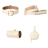 Complete off-white leather dog walking set by Laelaps Paris: collar, leash, poop bag holder and round zip treat pouch with rose gold clasp