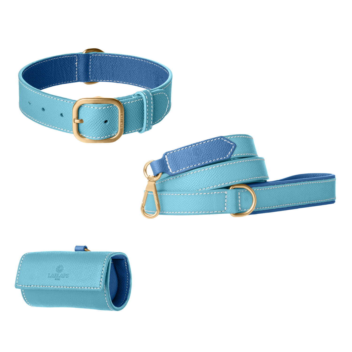 Light blue leather dog collar, leash and poop bag holder set with blue lining and gold hardware from Laelaps Paris
