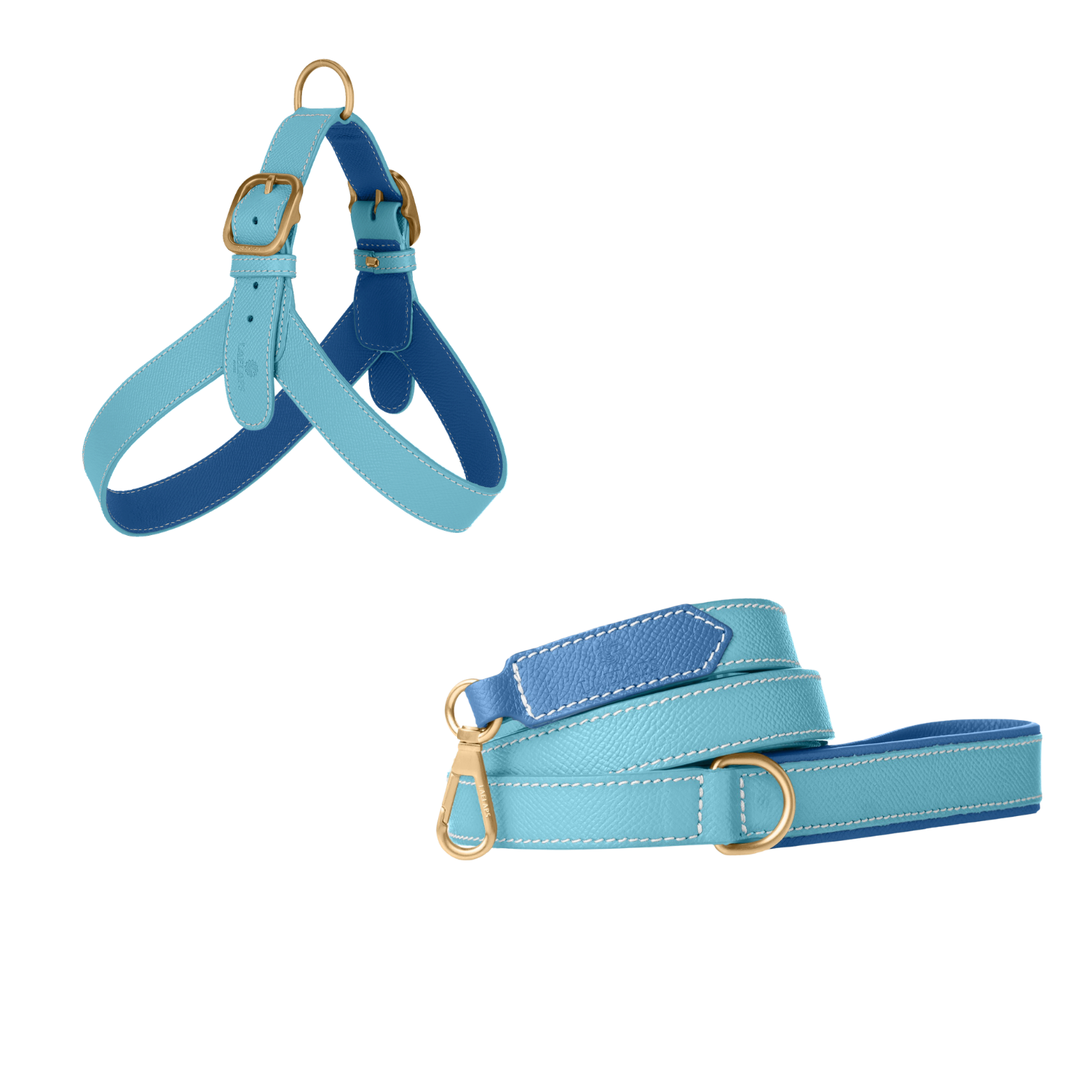 Light blue embossed calf leather dog harness and matching leash with royal blue lining, white stitching and matte gold buckles by Laelaps Paris