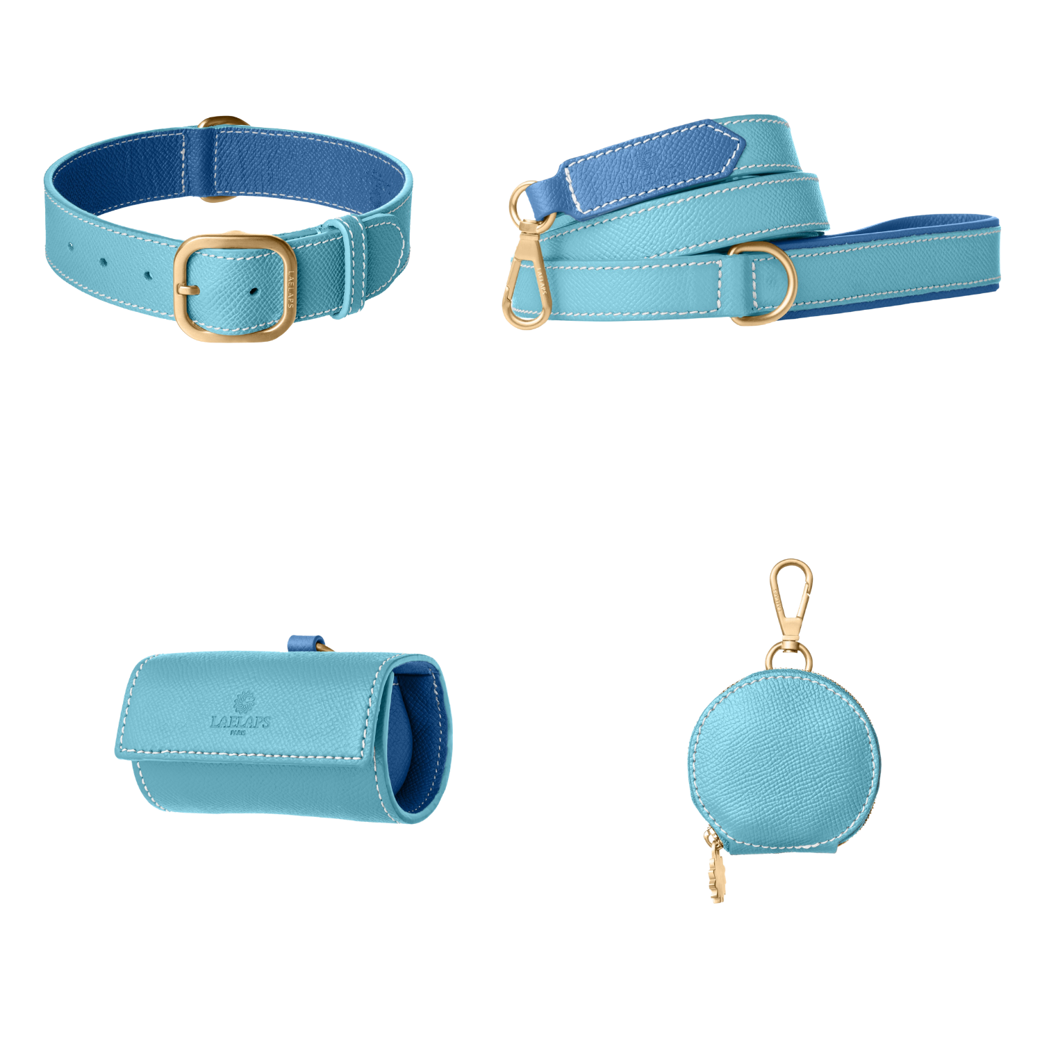 Complete light blue leather dog walking set by Laelaps Paris: collar, leash, poop bag holder and round zip treat pouch with gold clasp