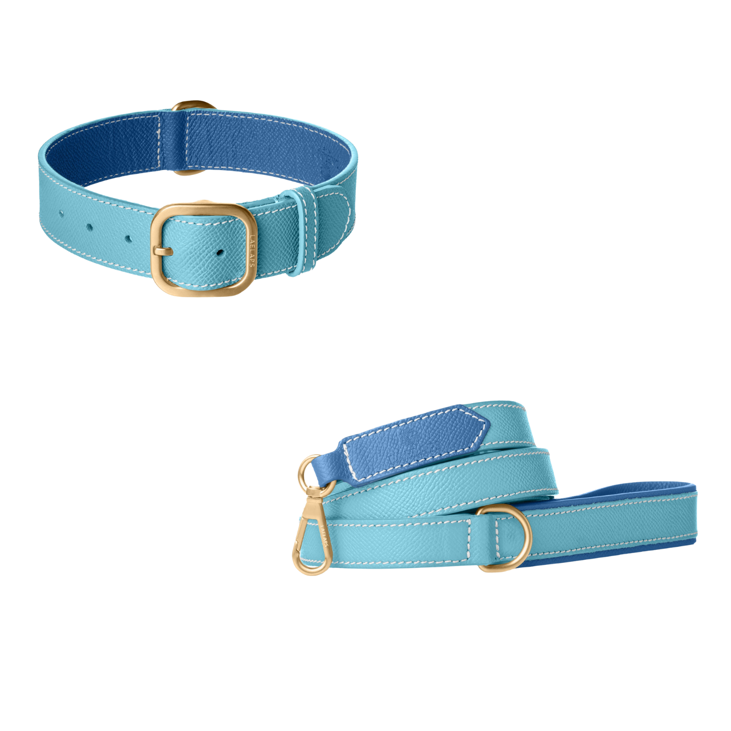 Light blue leather dog collar and matching leash with blue lining, white stitching and brushed gold buckle by Laelaps Paris