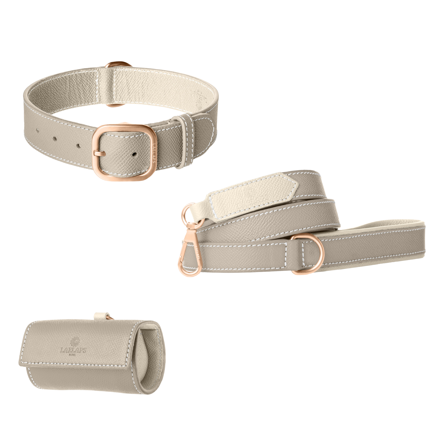Light grey leather dog collar, leash and poop bag holder set with ivory lining and rose gold hardware from Laelaps Paris