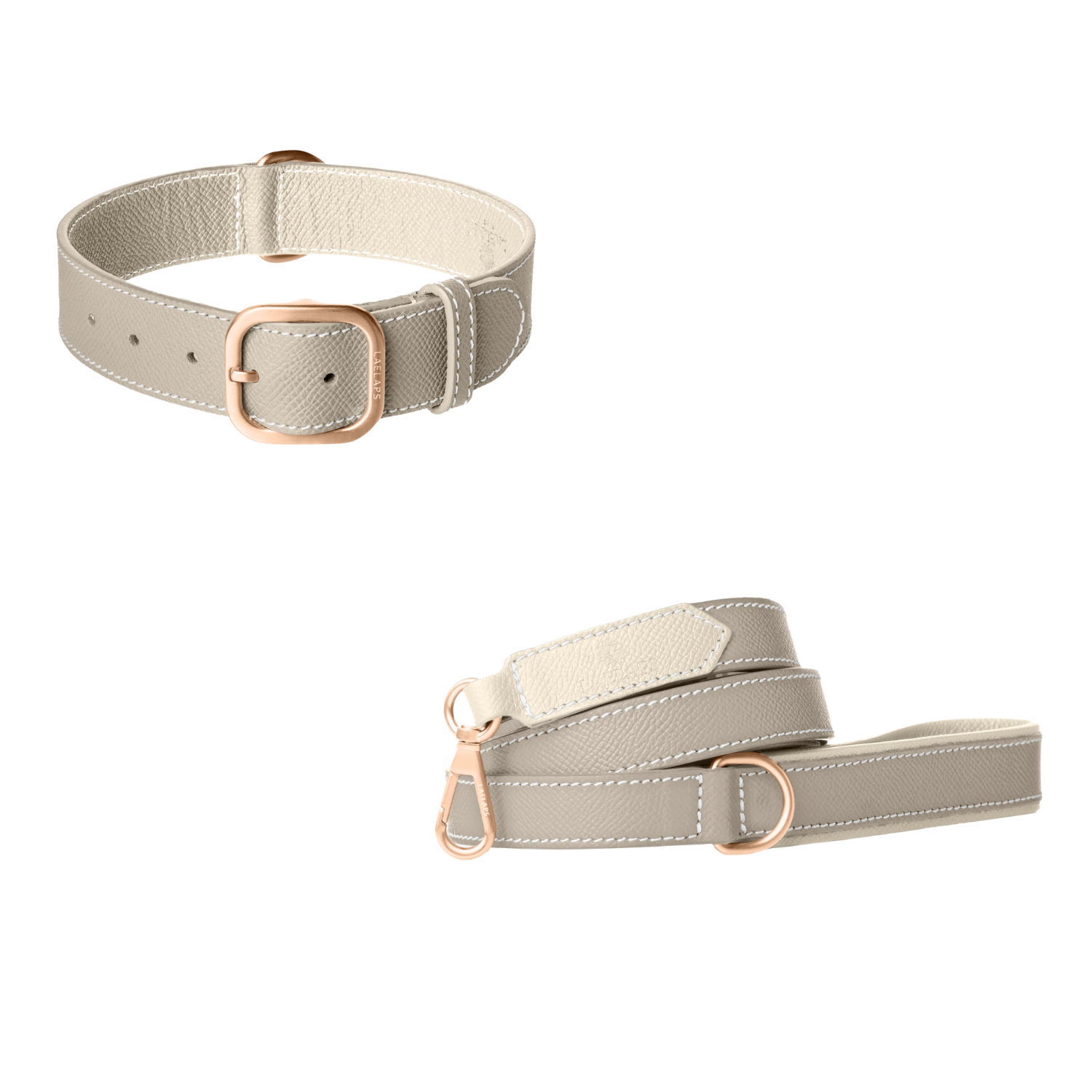 Light grey leather dog collar and matching leash with off-white lining, white stitching and rose gold buckle by Laelaps Paris