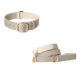 Light grey leather dog collar and matching leash with off-white lining, white stitching and rose gold buckle by Laelaps Paris