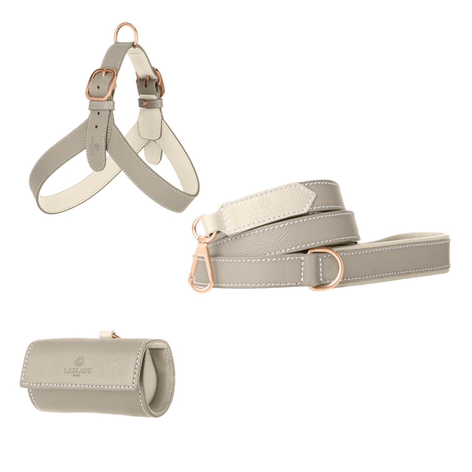Lichtgrijs leren tuigje, riem en zakjeshouder met voering in gebroken wit en matte roségouden hardware van Laelaps Paris