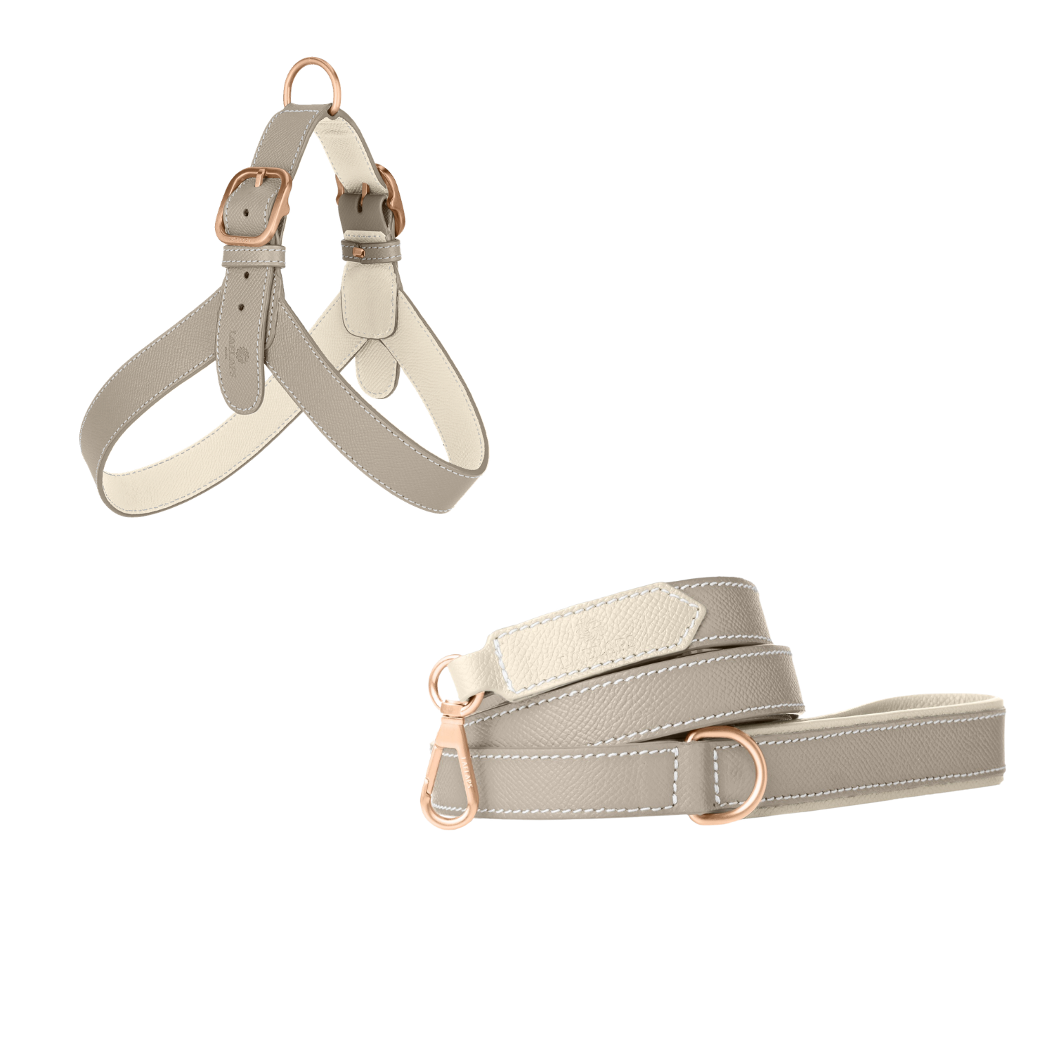 Light grey embossed calf leather dog harness and matching leash with off-white lining, white stitching and matte rose gold buckles by Laelaps Paris