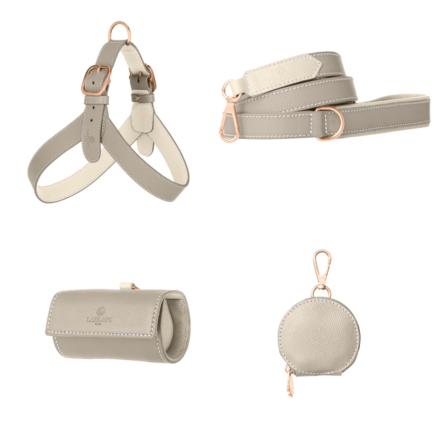 Complete light grey leather dog walking set by Laelaps Paris: harness, leash, poop bag holder and round zip treat pouch with rose gold clasp