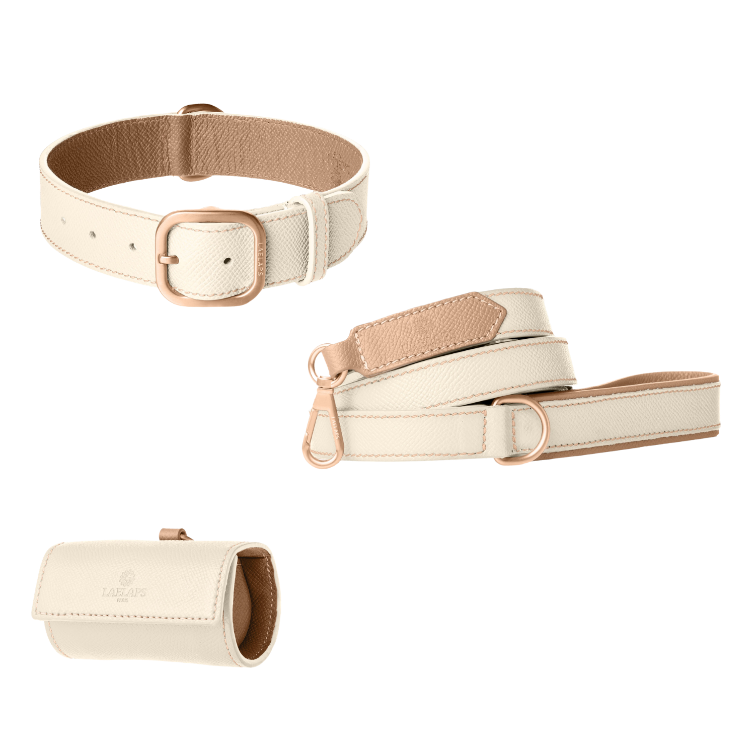 Leren halsband, riem en zakjeshouder in gebroken wit met poederroze voering en roségouden hardware van Laelaps Paris