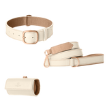 Off-white leather dog collar, leash and poop bag holder set with powder lining and rose gold hardware from Laelaps Paris