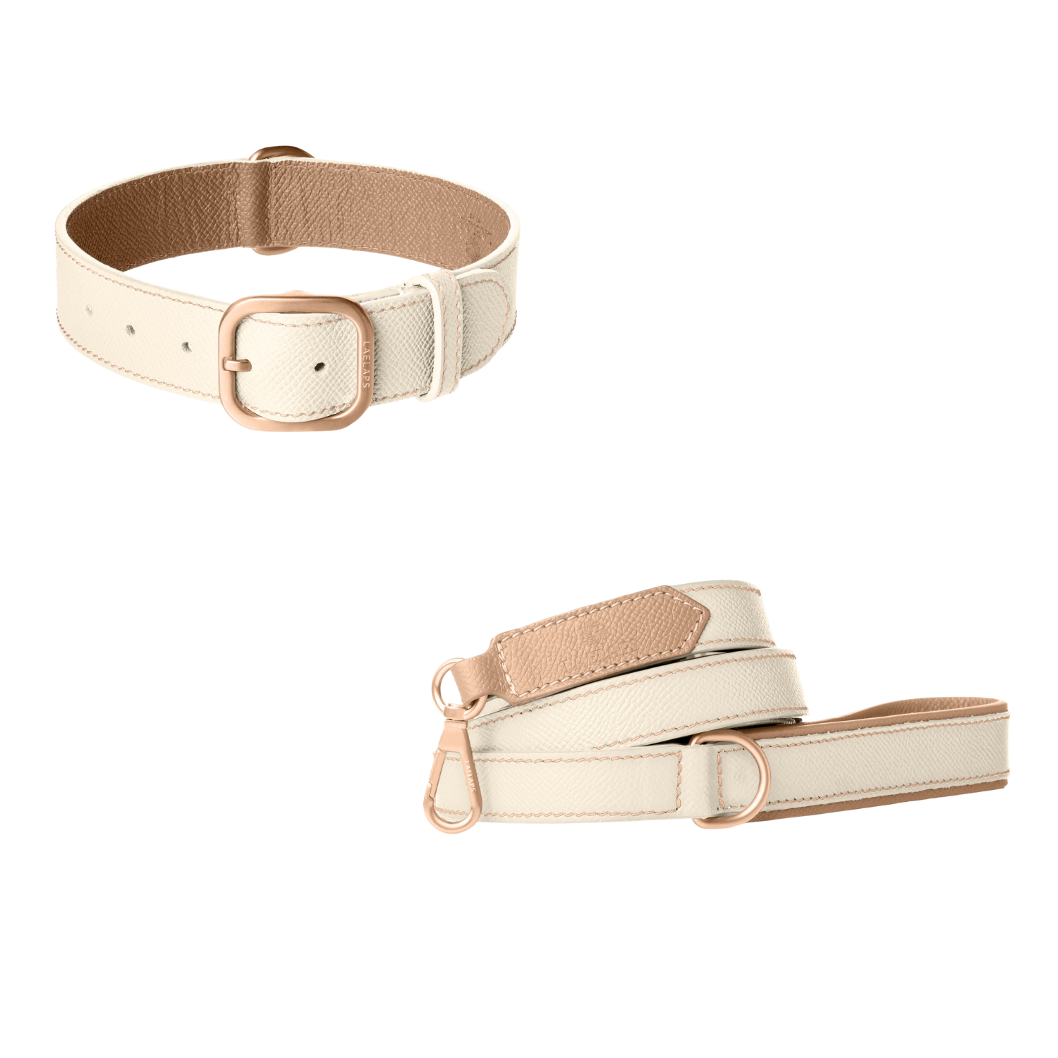 Off-white leather dog collar and matching leash with powder pink  lining, tonal stitching and rose gold buckle by Laelaps Paris