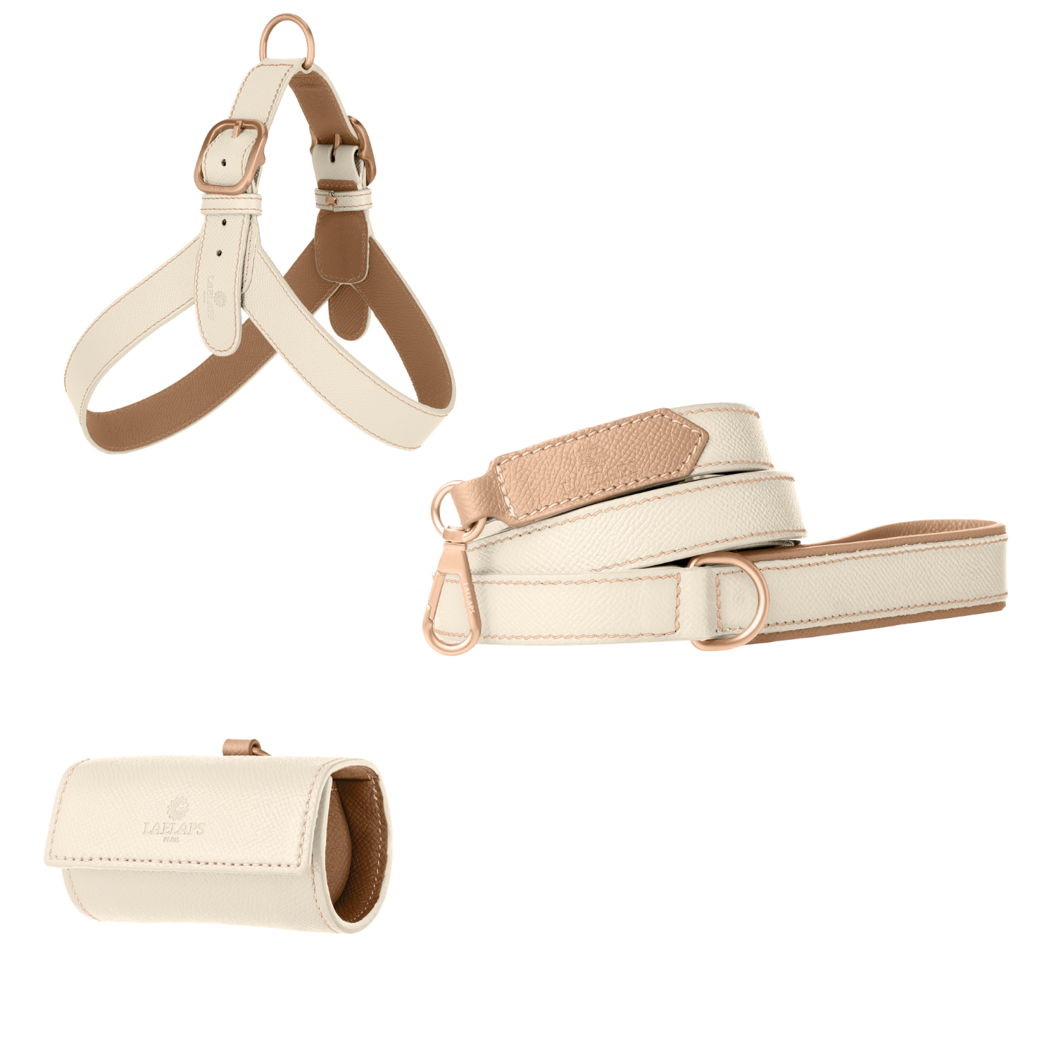 Leren tuigje, riem en zakjeshouder in gebroken wit met poederroze voering en matte roségouden hardware van Laelaps Paris