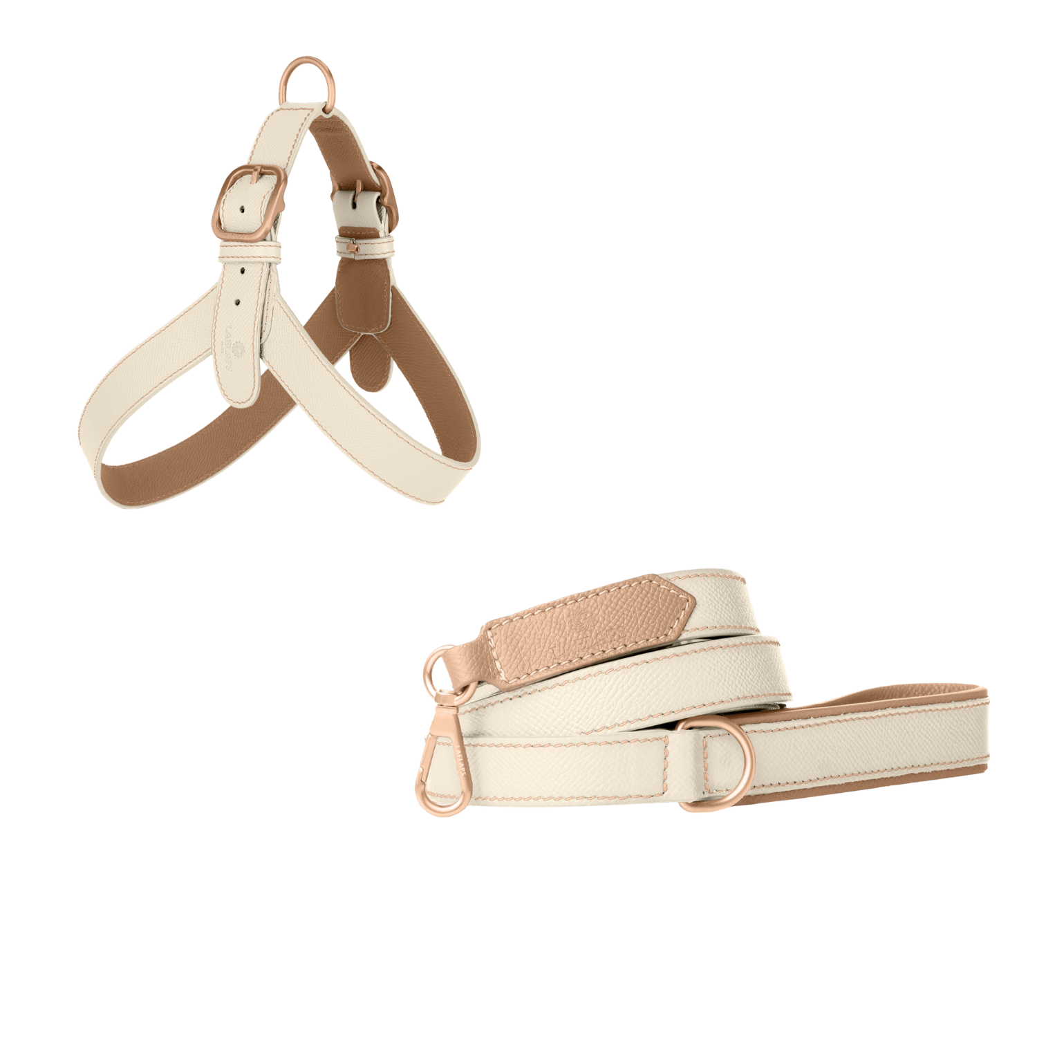 Off-white embossed calf leather dog harness and matching leash with powder pink lining, tonal stitching and matte rose gold buckles by Laelaps Paris