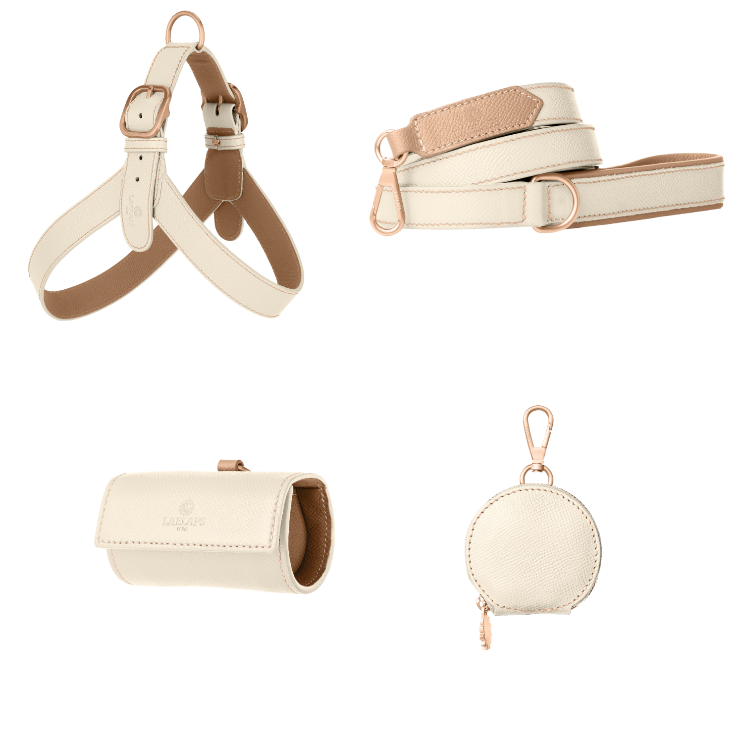 Complete off-white leather dog walking set by Laelaps Paris: harness, leash, poop bag holder and round zip treat pouch with rose gold clasp