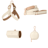 Complete off-white leather dog walking set by Laelaps Paris: harness, leash, poop bag holder and round zip treat pouch with rose gold clasp