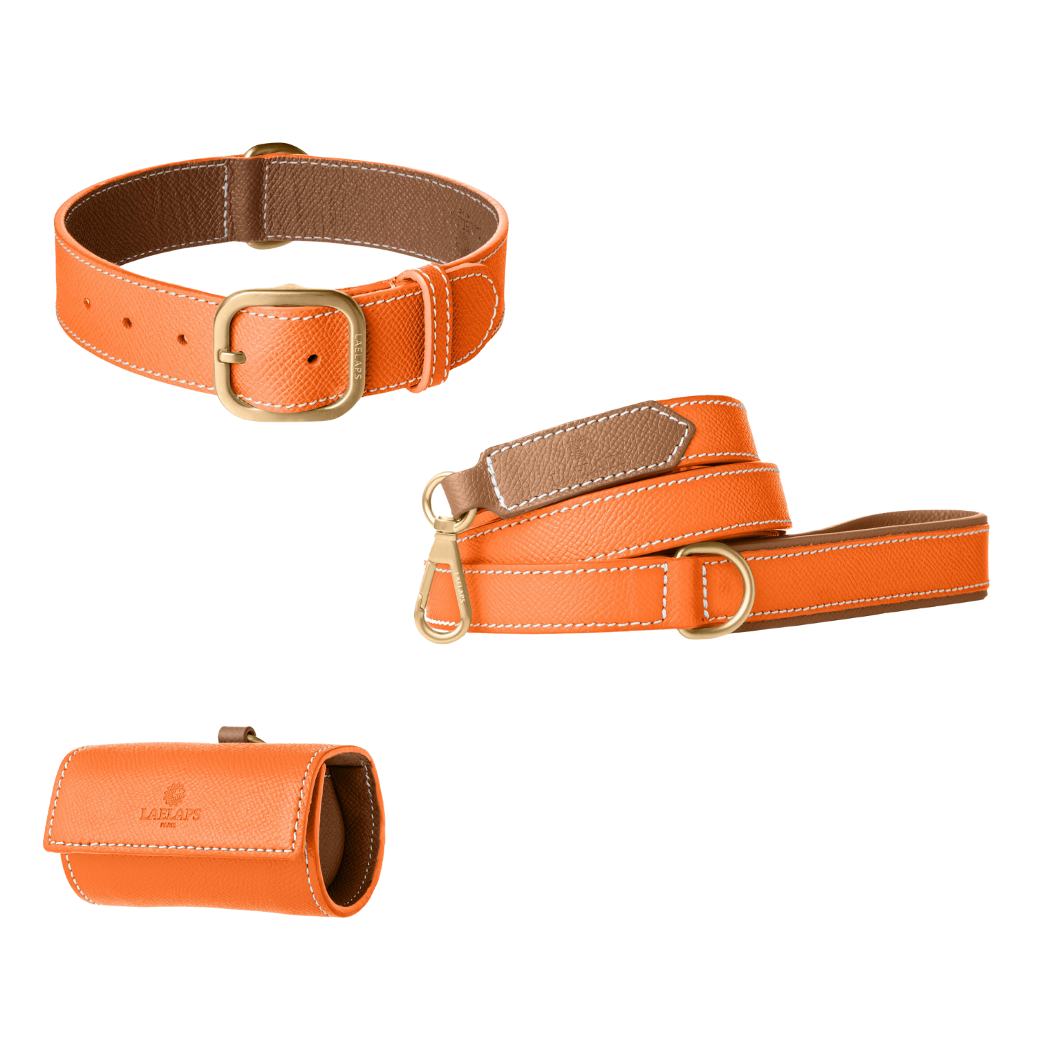 Oranje leren halsband, riem en zakjeshouder met camel voering en goudkleurige hardware van Laelaps Paris