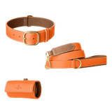 Orange leather dog collar, leash and poop bag holder set with camel lining and gold hardware from Laelaps Paris