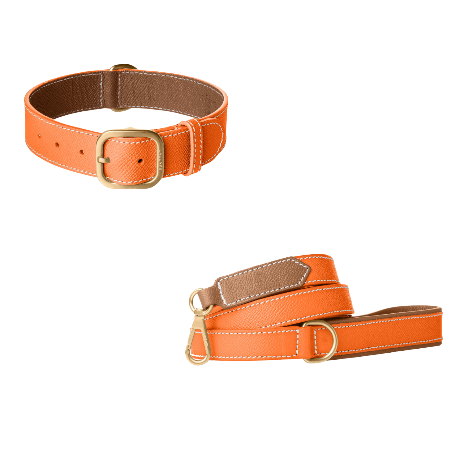 Orange  leather dog collar and matching leash with camel lining, white stitching and brushed gold buckle by Laelaps Paris