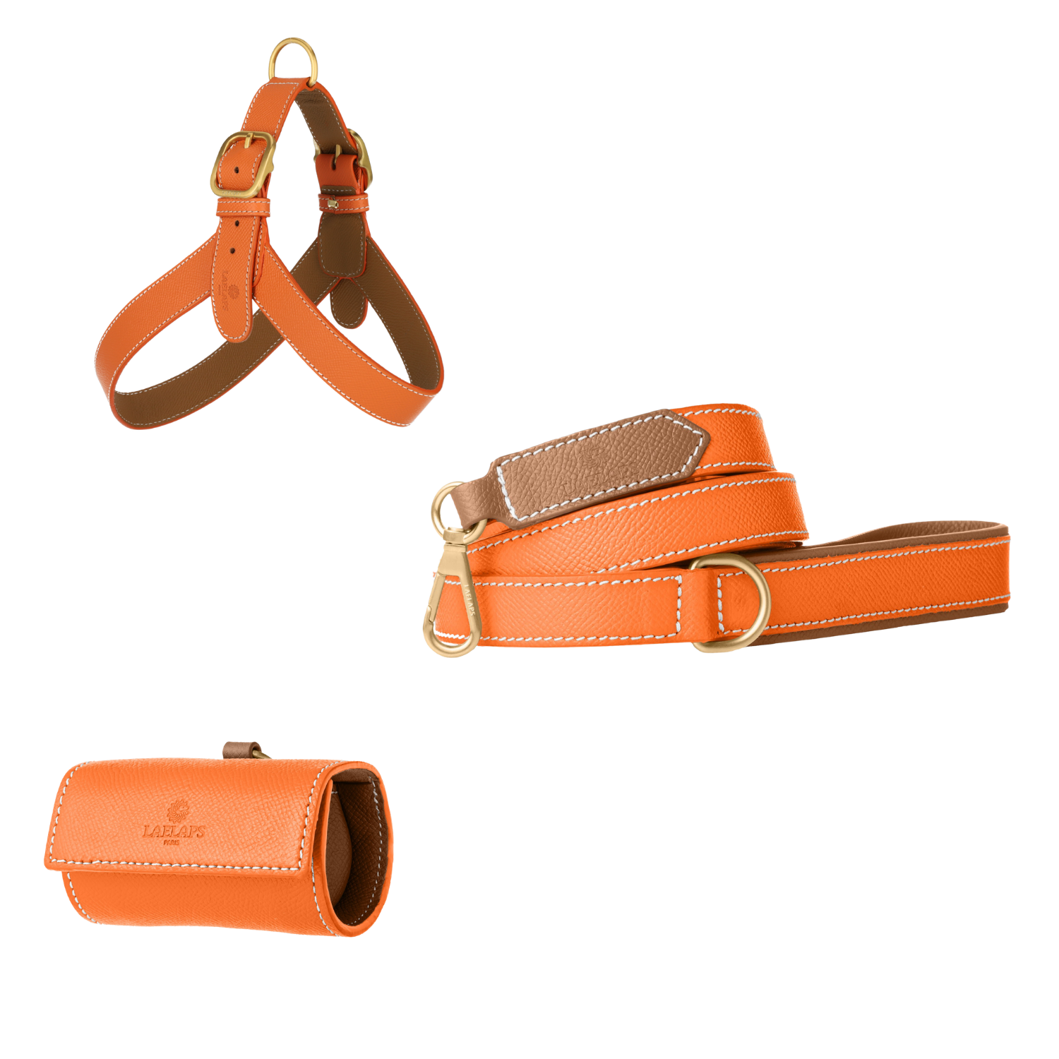 Oranje leren tuigje, riem en zakjeshouder met camel voering en matte goudkleurige hardware van Laelaps Paris