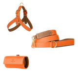 Poppy orange leather dog harness, leash and poop bag holder set with camel lining and matte gold hardware from Laelaps Paris