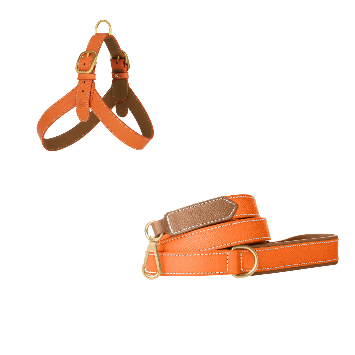 Poppy orange embossed calf leather dog harness and matching leash with camel lining, white stitching and matte gold buckles by Laelaps Paris