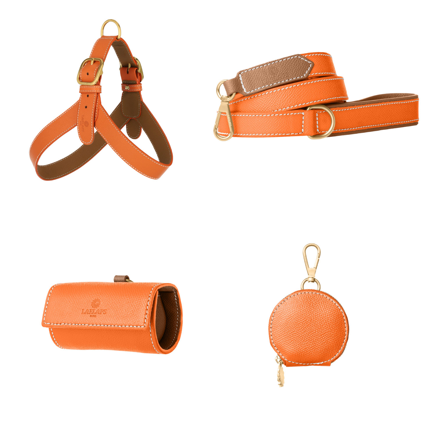 Complete poppy orange leather dog walking set by Laelaps Paris: harness, leash, poop bag holder and round zip treat pouch with matte gold clasp