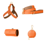 Complete poppy orange leather dog walking set by Laelaps Paris: harness, leash, poop bag holder and round zip treat pouch with matte gold clasp