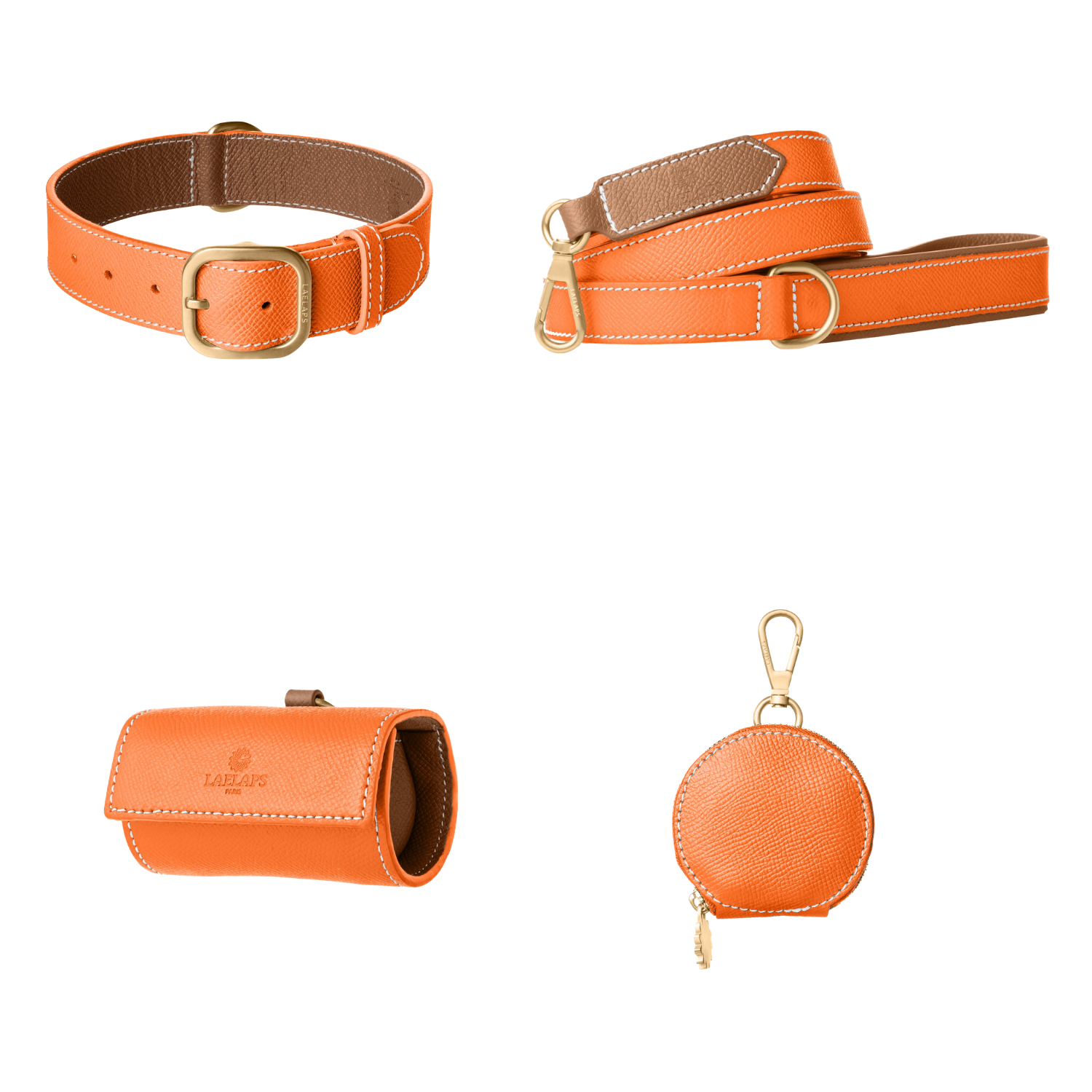 Complete orange leather dog walking set by Laelaps Paris: collar, leash, poop bag holder and round zip treat pouch with gold clasp