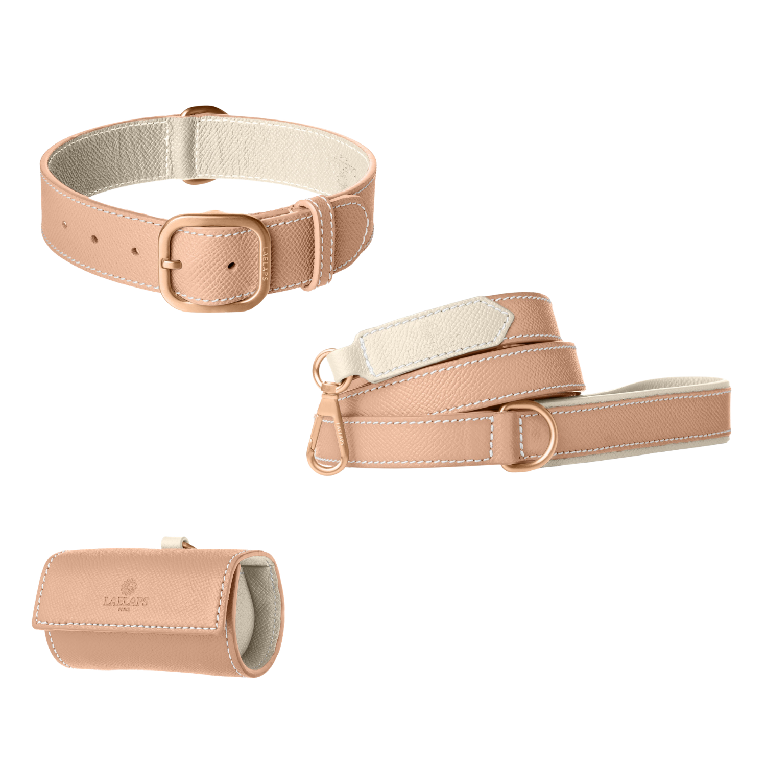 Powder pink pink leather dog collar, leash and poop bag holder set with ivory lining and rose gold hardware from Laelaps Paris