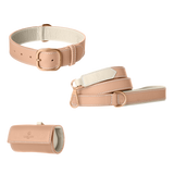 Powder pink pink leather dog collar, leash and poop bag holder set with ivory lining and rose gold hardware from Laelaps Paris
