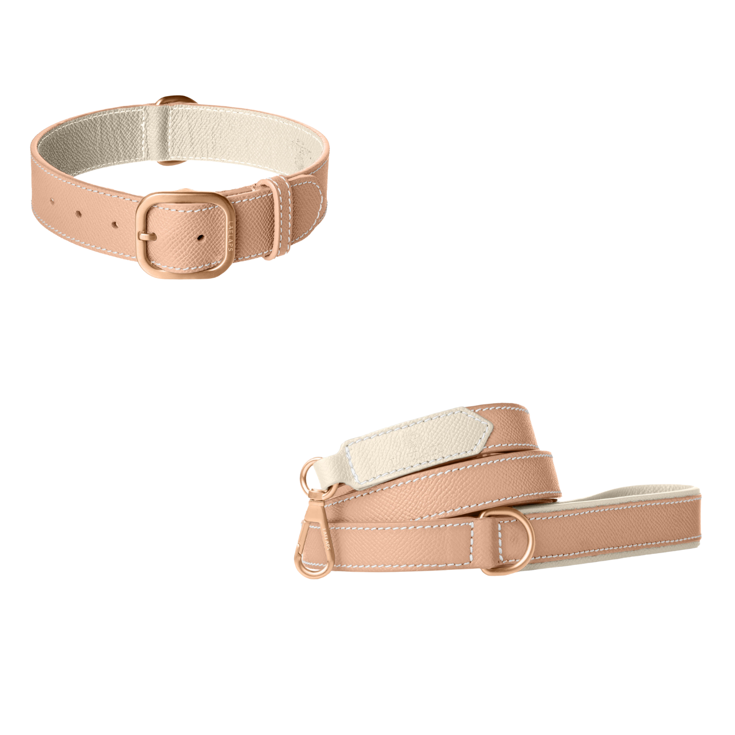Nude pink grained leather dog collar and matching leash with ivory lining, white stitching and rose gold buckle by Laelaps Paris